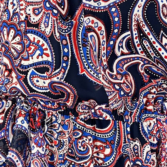 Shoshanna Silk Paisley Long Sleeve Ruffled Dress Red Blue Black size 4 - Picture 5 of 12